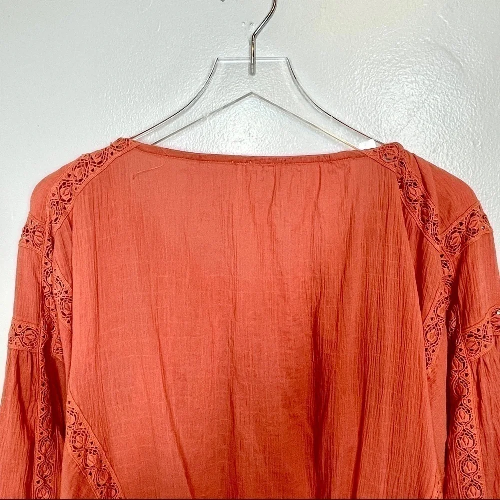 Free People Terra Cotta Maria Maria Top Ribbon Tie Gathered Waist Embroidery M